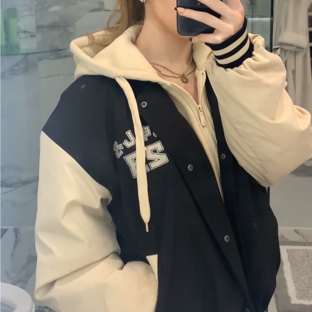 Stylish Black and Cream Two Layer Varsity Jacket